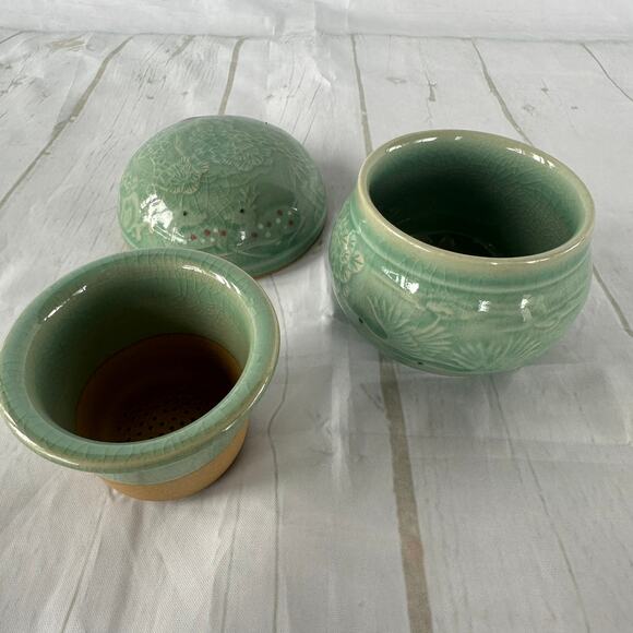 Vintage Celadon Porcelain 3 Piece Tea Infuser Strainer Cup Set Deer Floral - Picture 5 of 13